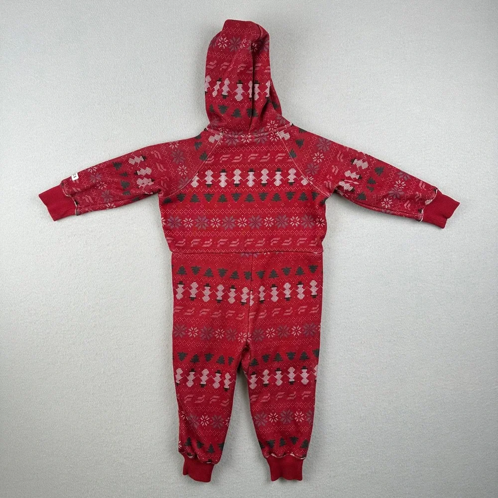 Fabletics Jumpsuit Kids 3T Red Fair Isle Snowman Hooded Fleece Romper OY2500505